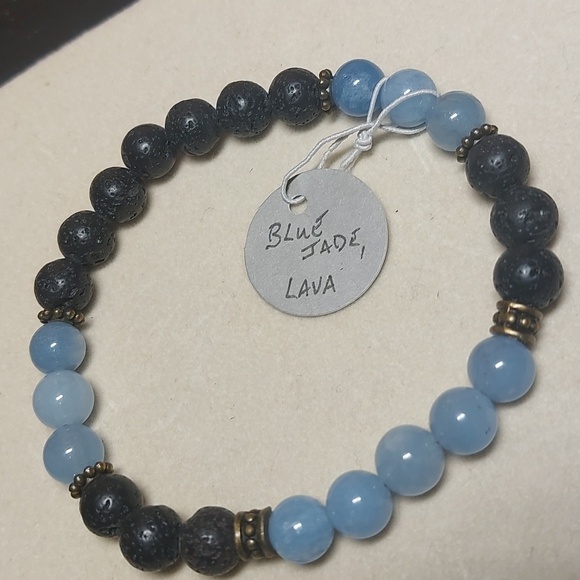 Jewelry - Blue jade (treated) and natural lava stone beaded stretch bracelet